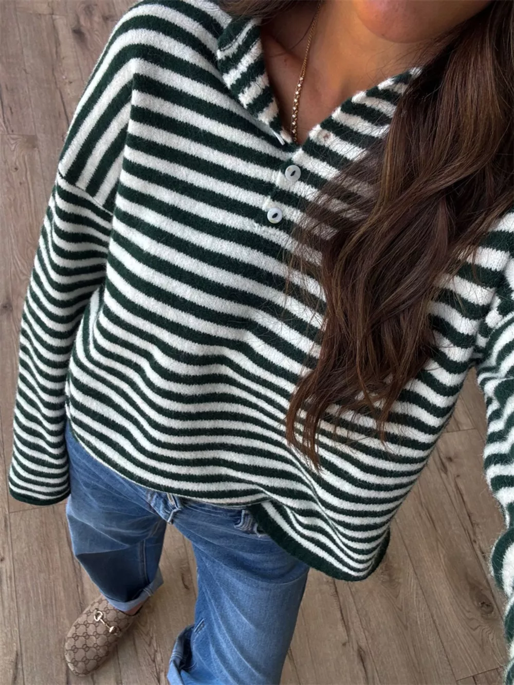 Button Detail Dropped Shoulder Striped Sweater, image 11