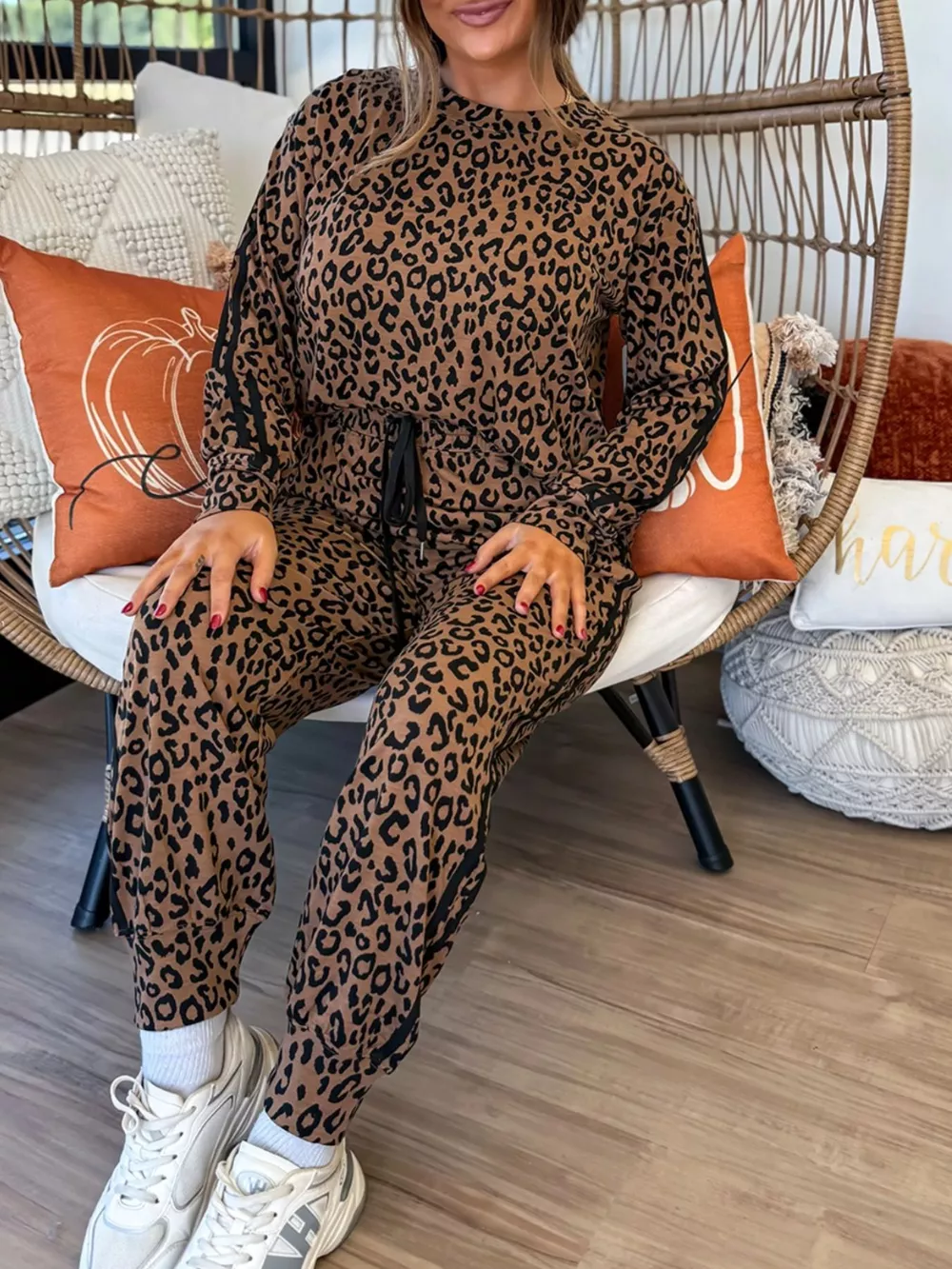 Striped Trim Leopard Long Sleeve Top Drawstring Pant Set, image 5