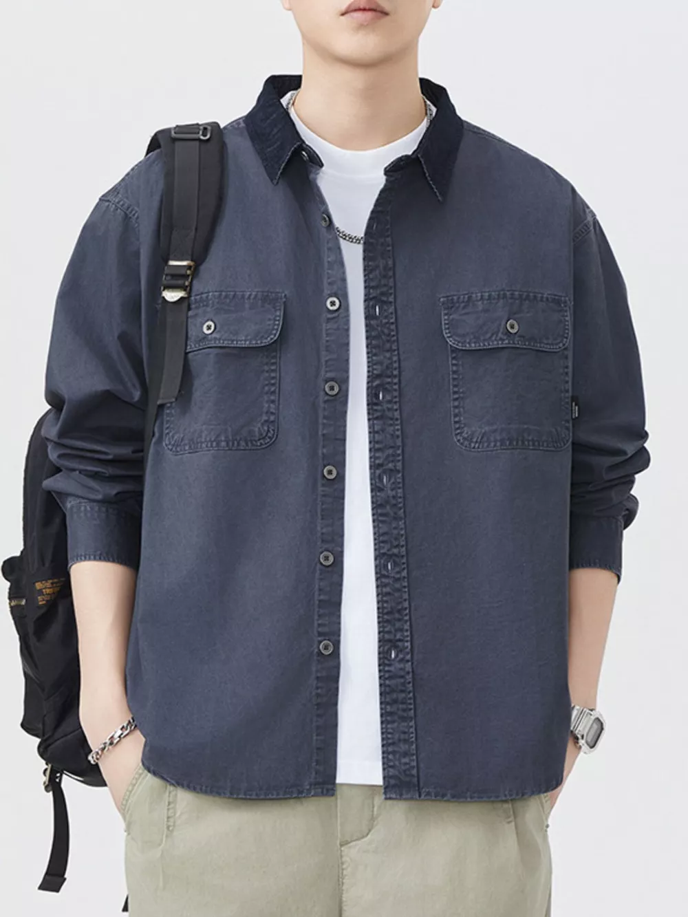 Men's Plus Size Button Up Shacket with Dual Chest Pockets, image 2