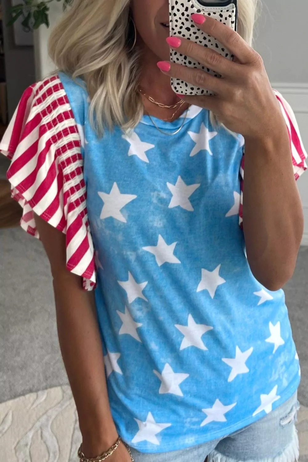 Vintage Star Print Striped Ruffle Sleeve Independence Day Top, image 2