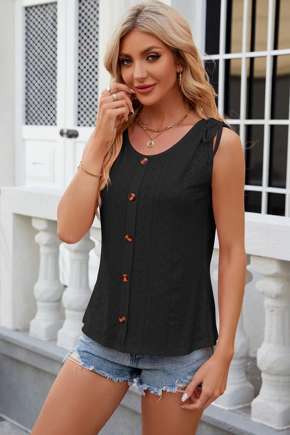Eyelet Round Neck Wide Strap Tank, image 14