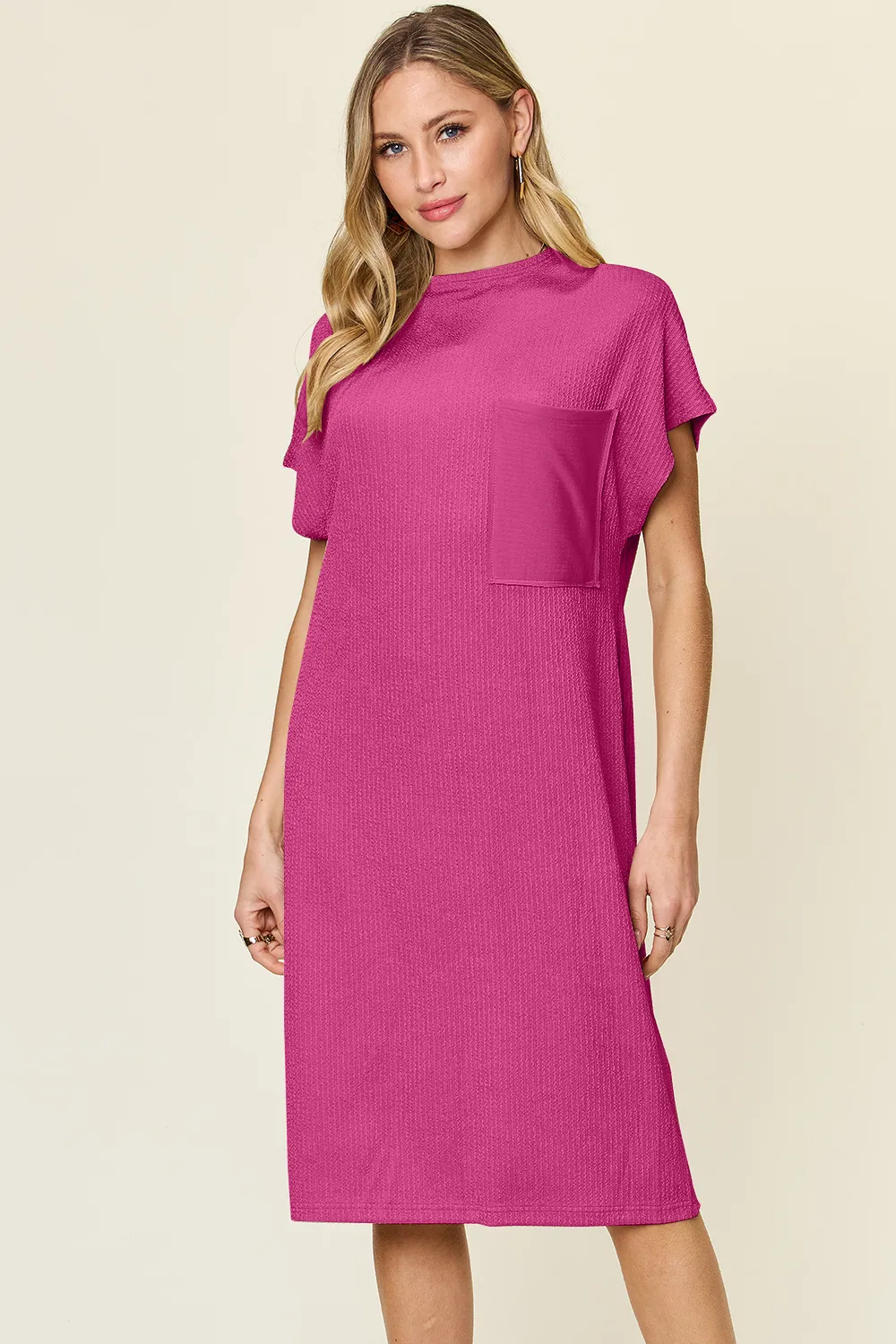 Full Size Texture Mock Neck Short Sleeve Dress