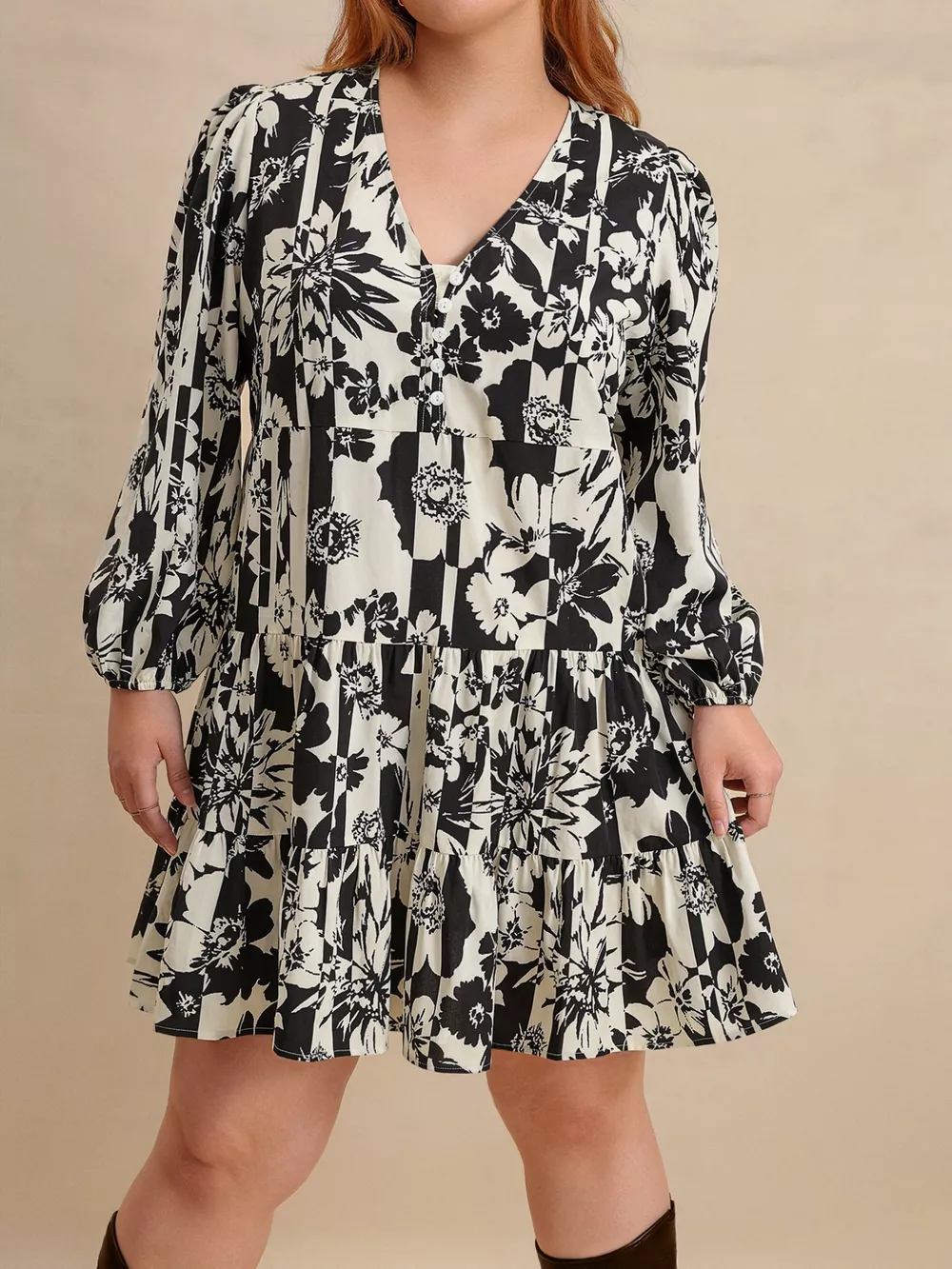 Plus Size Printed V-Neck Long Sleeve Mini Dress