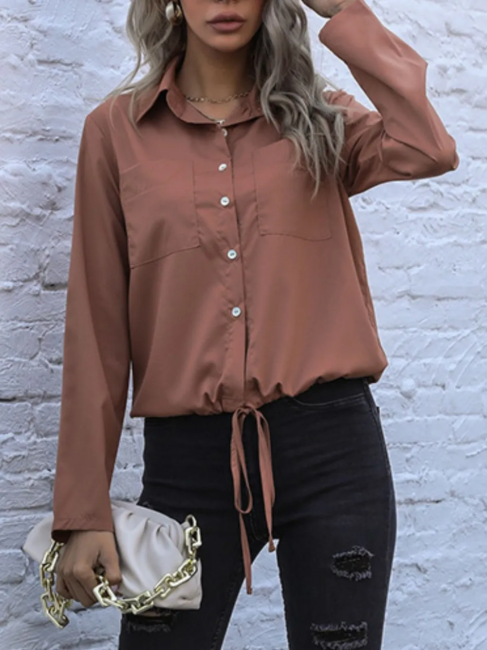 Tied Hem Button Down Long Sleeve Shirt, image 6