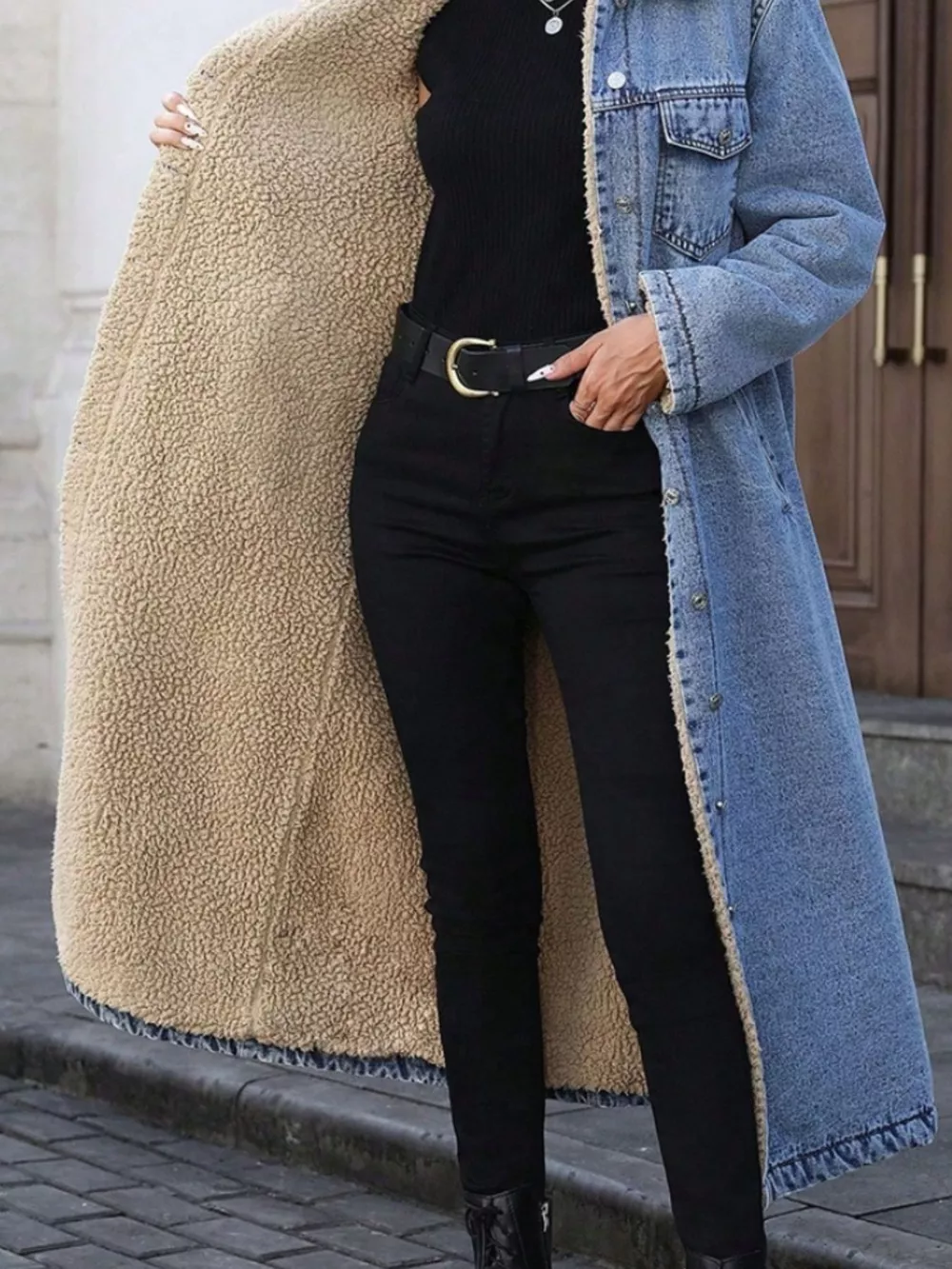 Sherpa Lined Longline Denim Jacket, image 22