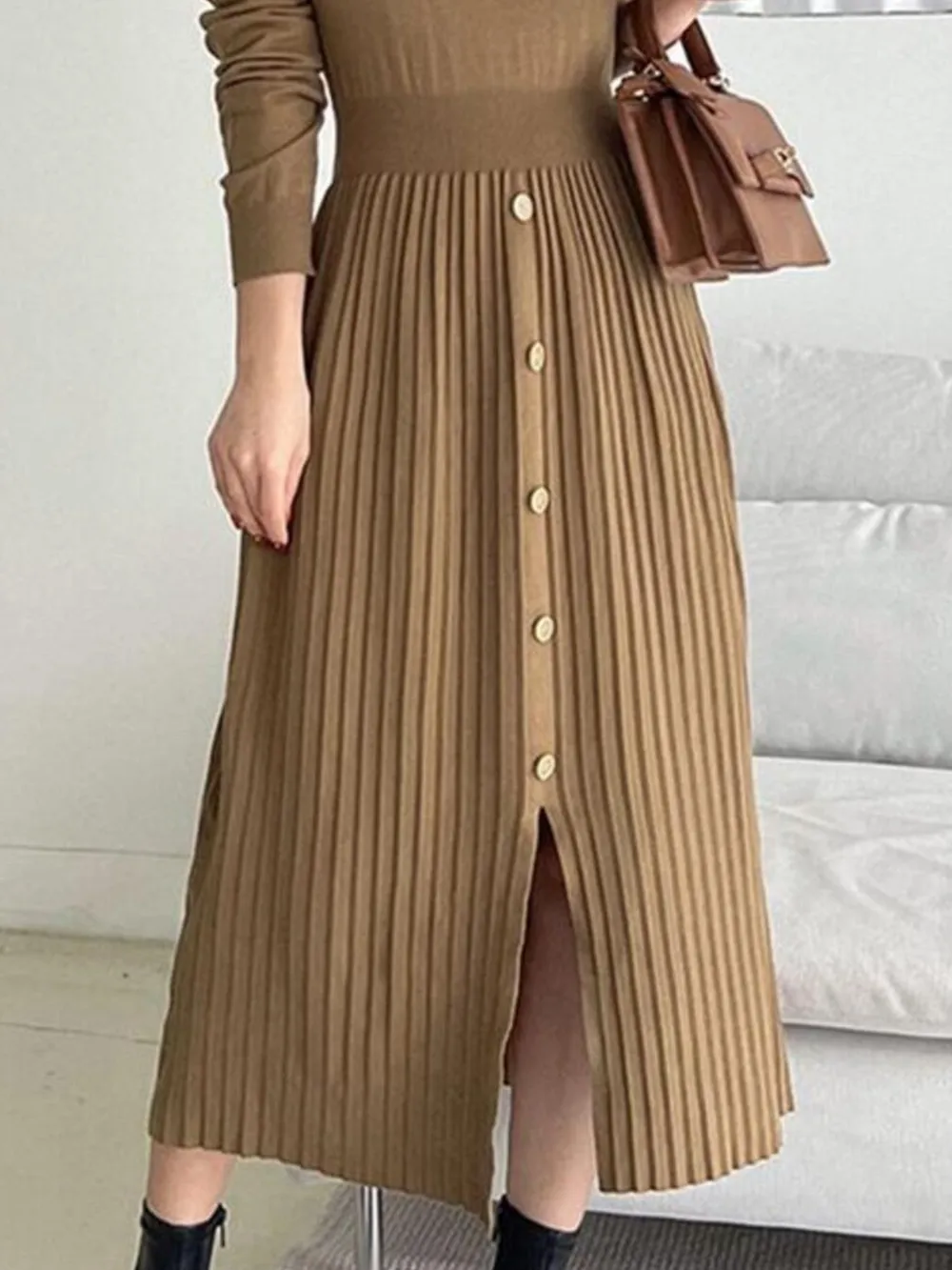 Slit Front Mock Neck Long Sleeve Knit Dress, image 7