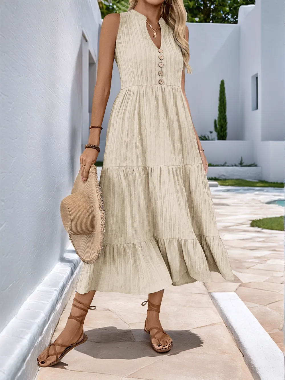 Notched Sleeveless Midi Tiered Dress, image 10