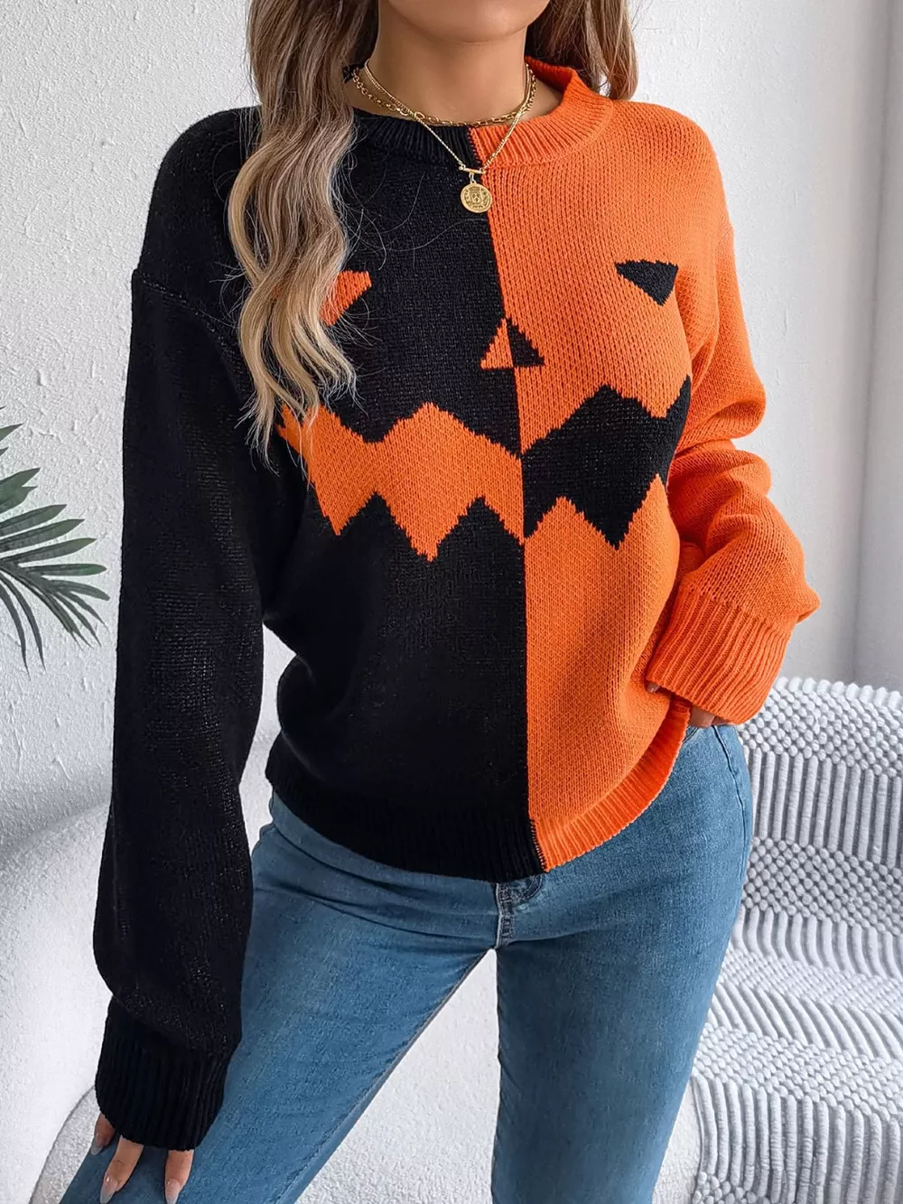Contrast Round Neck Long Sleeve Sweater, image 2