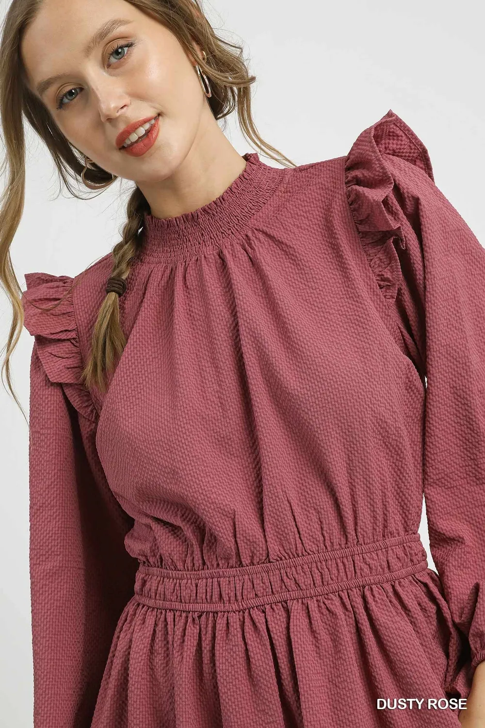 Textured Midi Dress with Ruffle Shoulder Detail, image 6