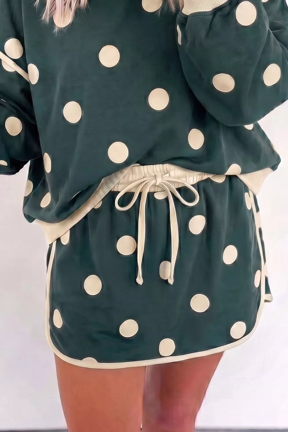 Polka Dot Print Color Block Trim Baggy Pullover Drawstring Skirt 2pcs Set, image 2