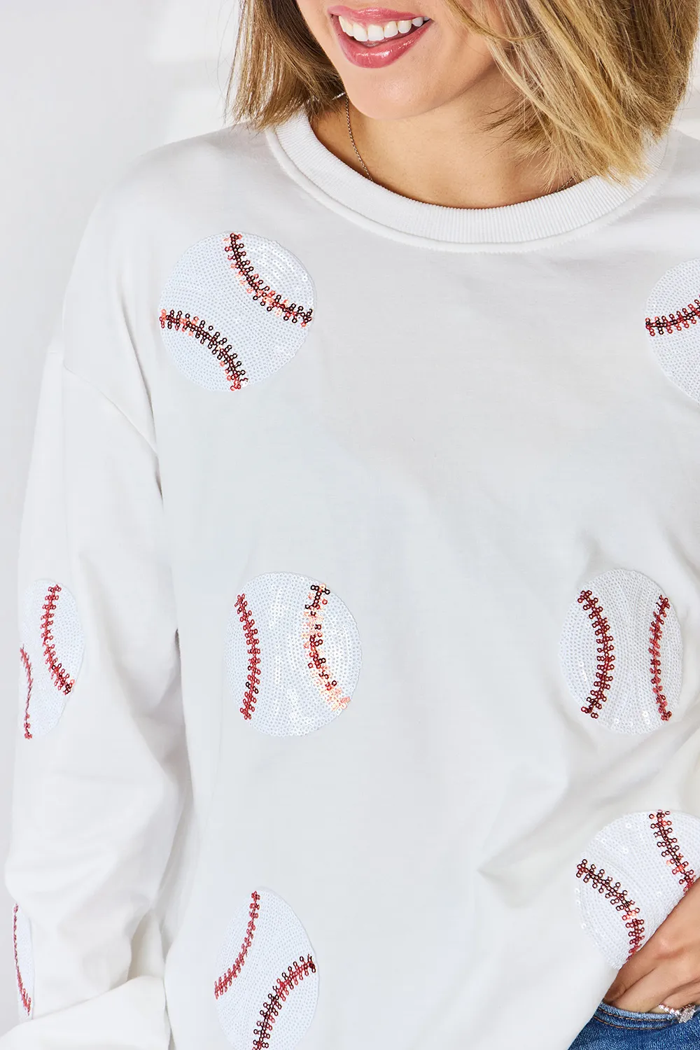Sequin Baseball Round Neck Dropped Shoulder Sweatshirt, image 12