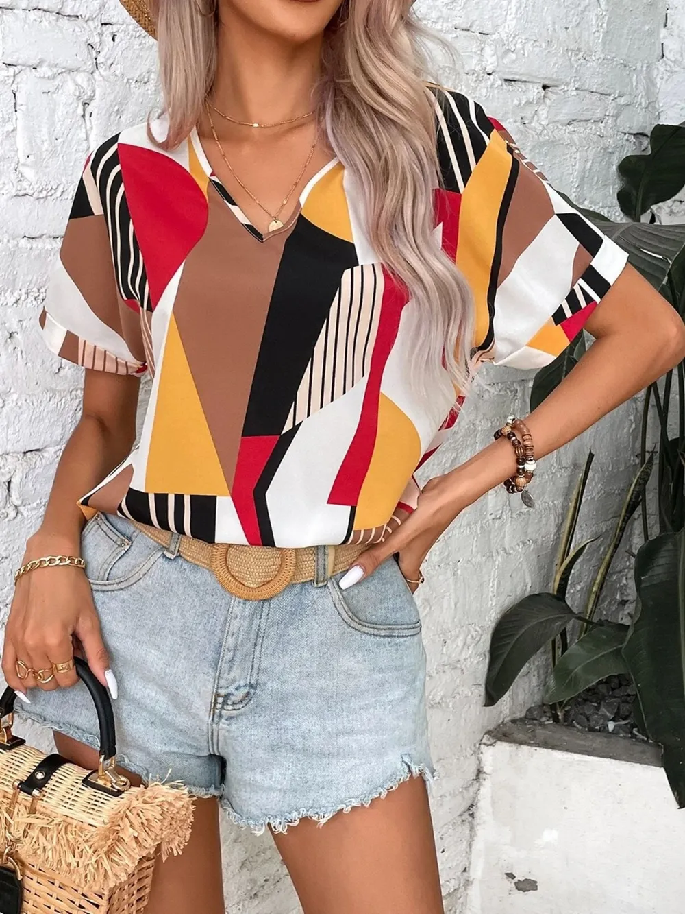 Printed V-Neck Short Sleeve Blouse, image 19