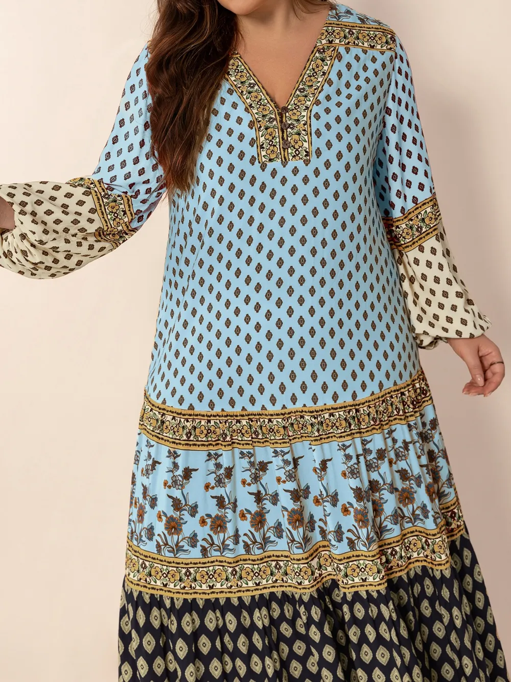 Plus Size Printed V-Neck Balloon Sleeve Maxi Dress, image 6