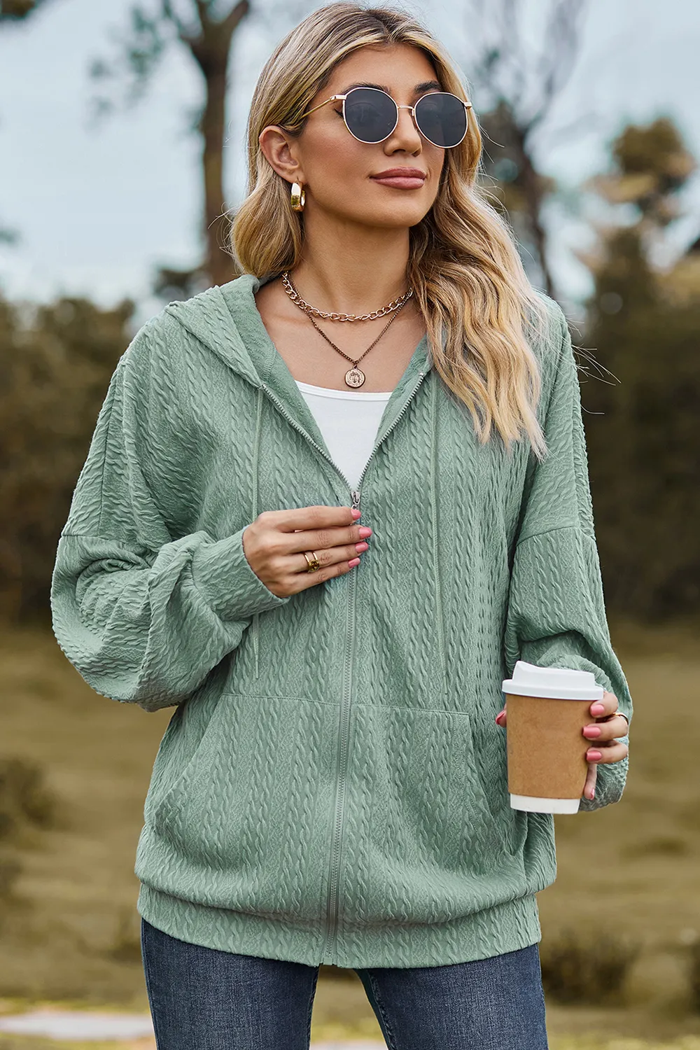 Drawstring Zip Up Dropped Shoulder Hoodie, image 25