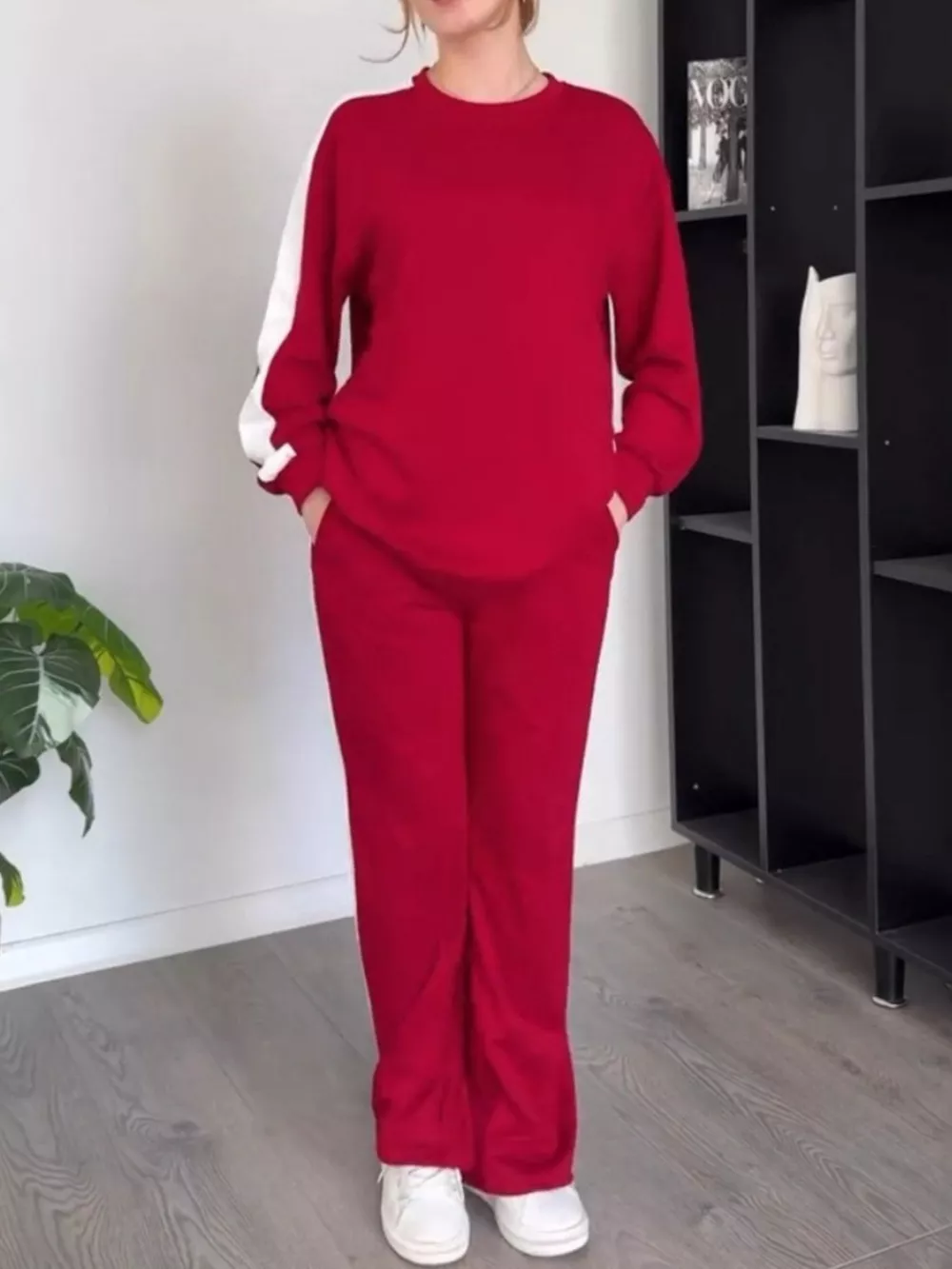 Full Size Contrast Round Neck Top and Pants Set Plus Size, image 16