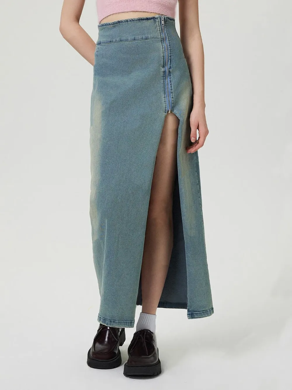 Slit Denim Skirt with Zip, image 3