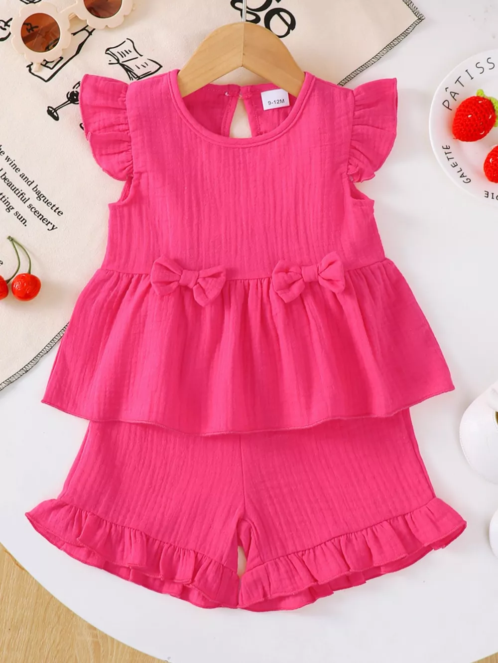 Children's Ruffle Trim Bowknot Top & Shorts Set, image 3