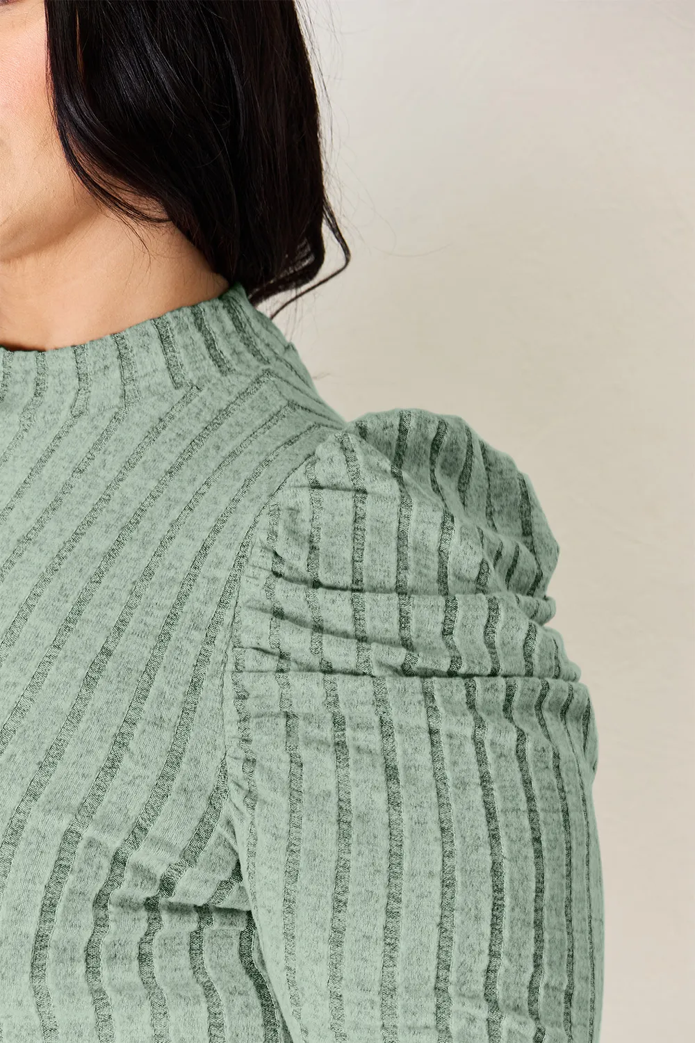 Full Size Ribbed Mock Neck Puff Sleeve T-Shirt, image 31