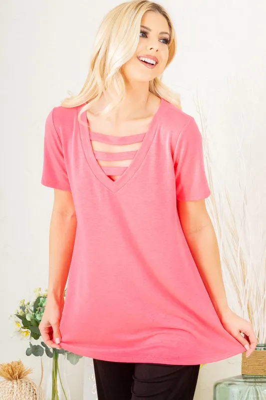 Full Size V-Neck Short Sleeve T-Shirt with Bar Detail Plus Size, image 7
