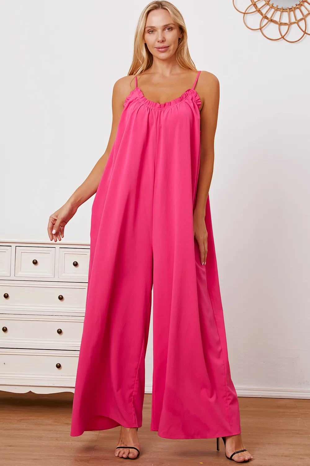 Full Size Ruffle Trim Tie Back Cami Jumpsuit with Pockets, image 19