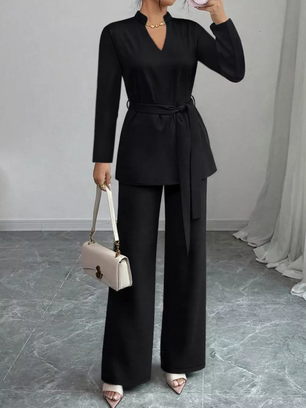 Tie-Waist Long Sleeve Top and Pants Set, image 8
