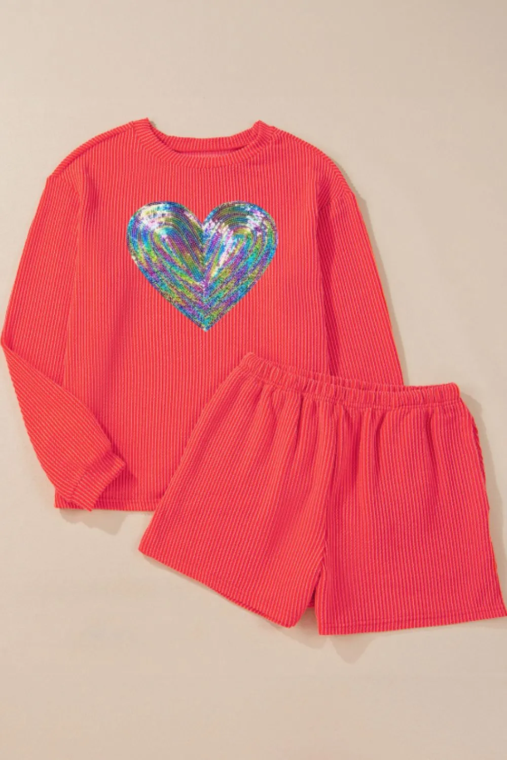 Sequin Heart Round Neck Long Sleeve Top and Shorts Set, image 4