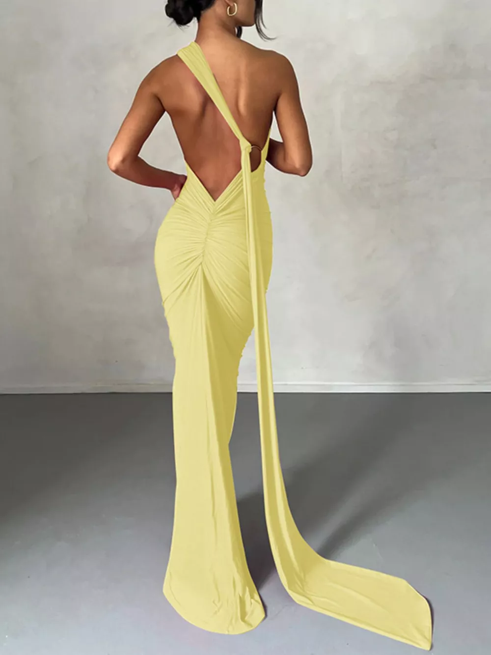 Backless One-Shoulder Ruched Bodycon Maxi Dress, image 31