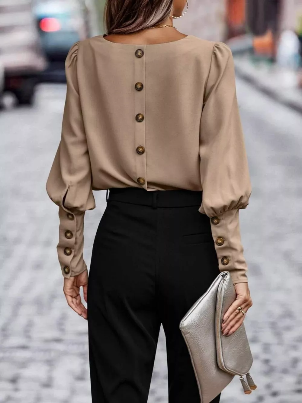 Back Button Lantern Sleeve Blouse, image 13