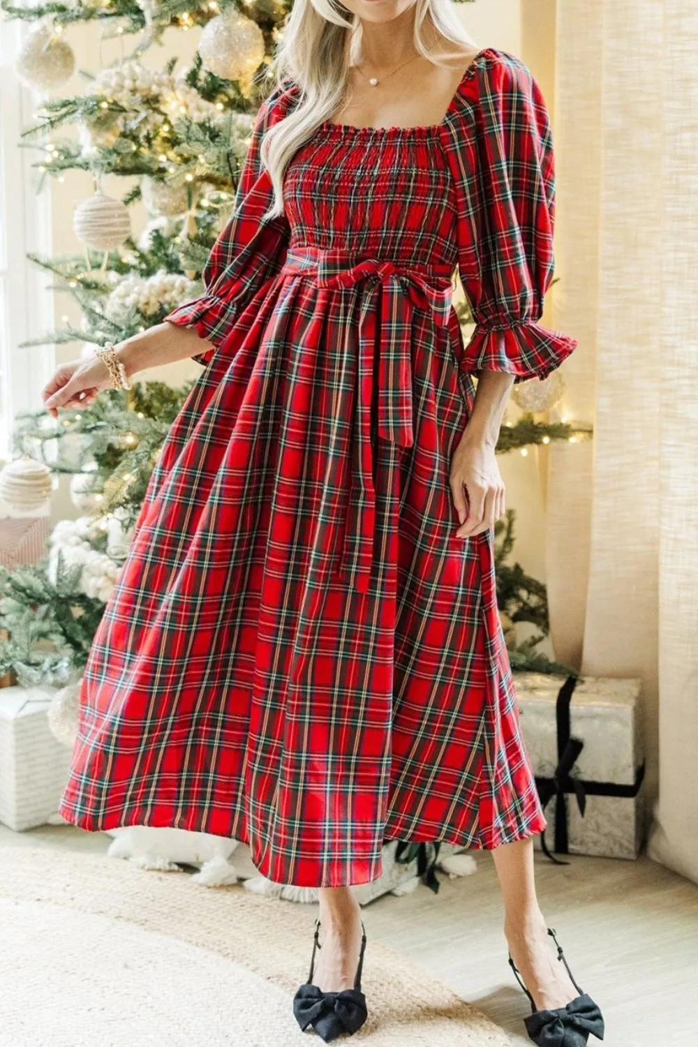 Plaid Smocked Flounce Sleeve Midi Dress, image 7