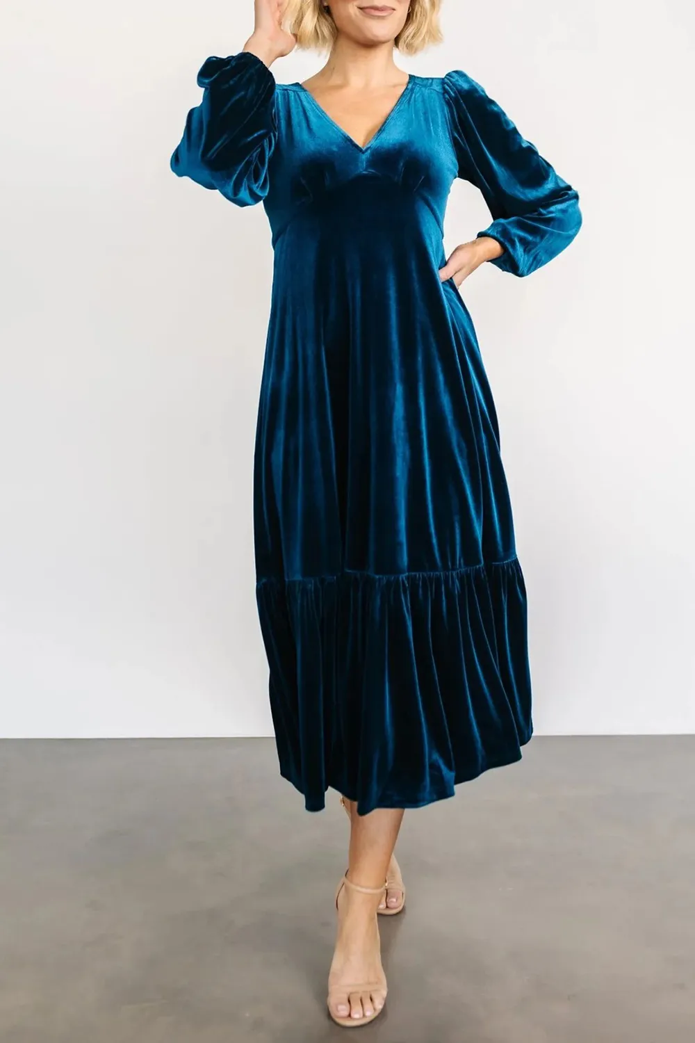 V-Neck Long Sleeve Midi Velvet Dress, image 5