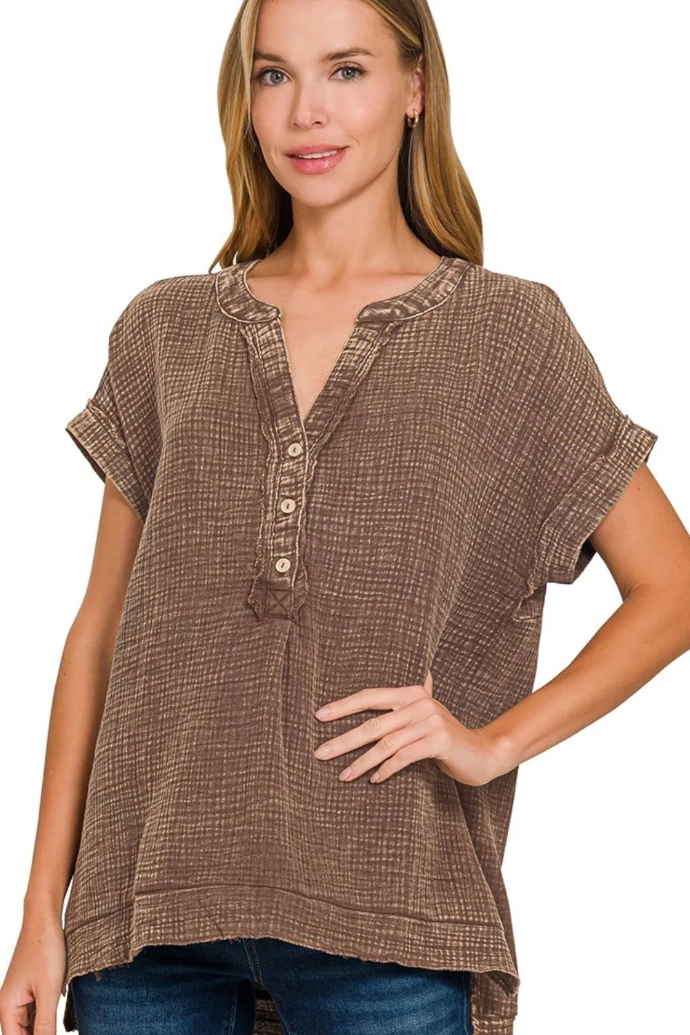Washed Double Gauze 3/4 Button Henley Neck Shirt