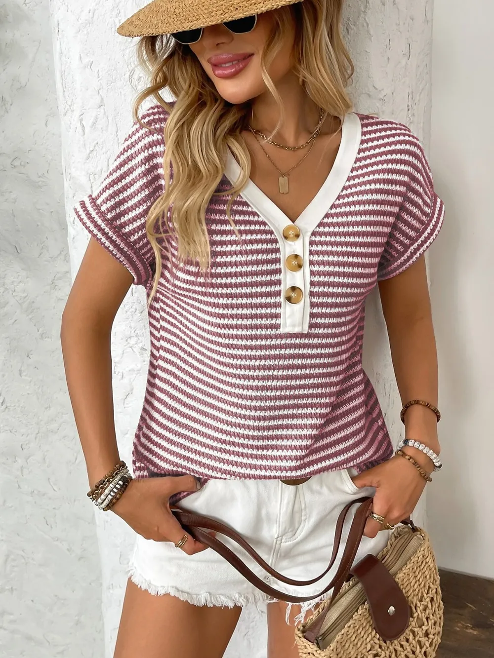 Striped V-Neck Short Sleeve T-Shirt, image 18