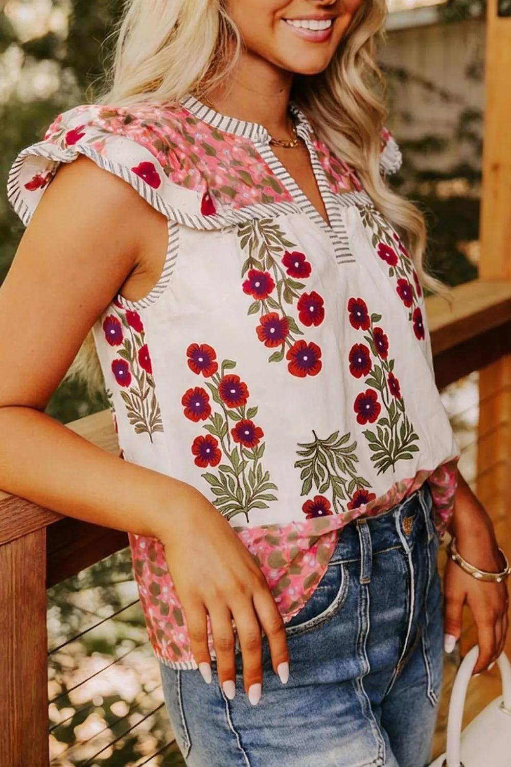 Floral Print Contrast Striped Trim Flutter Cotton Blouse, image 2