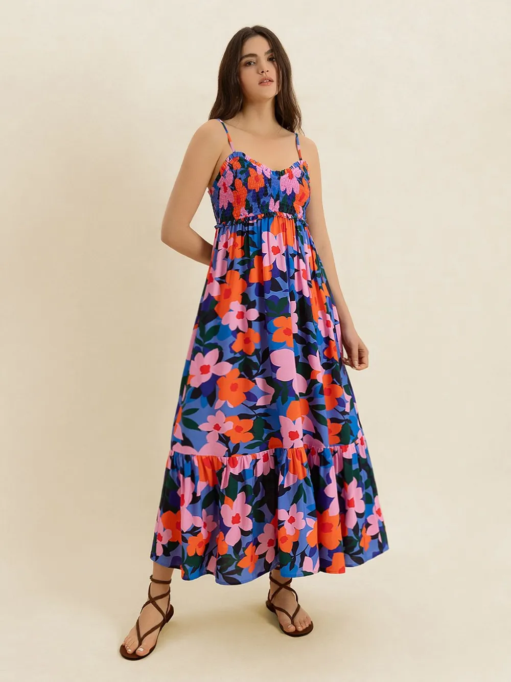 Smocked Back Ruffled Hem Printed Cami Dress, image 7