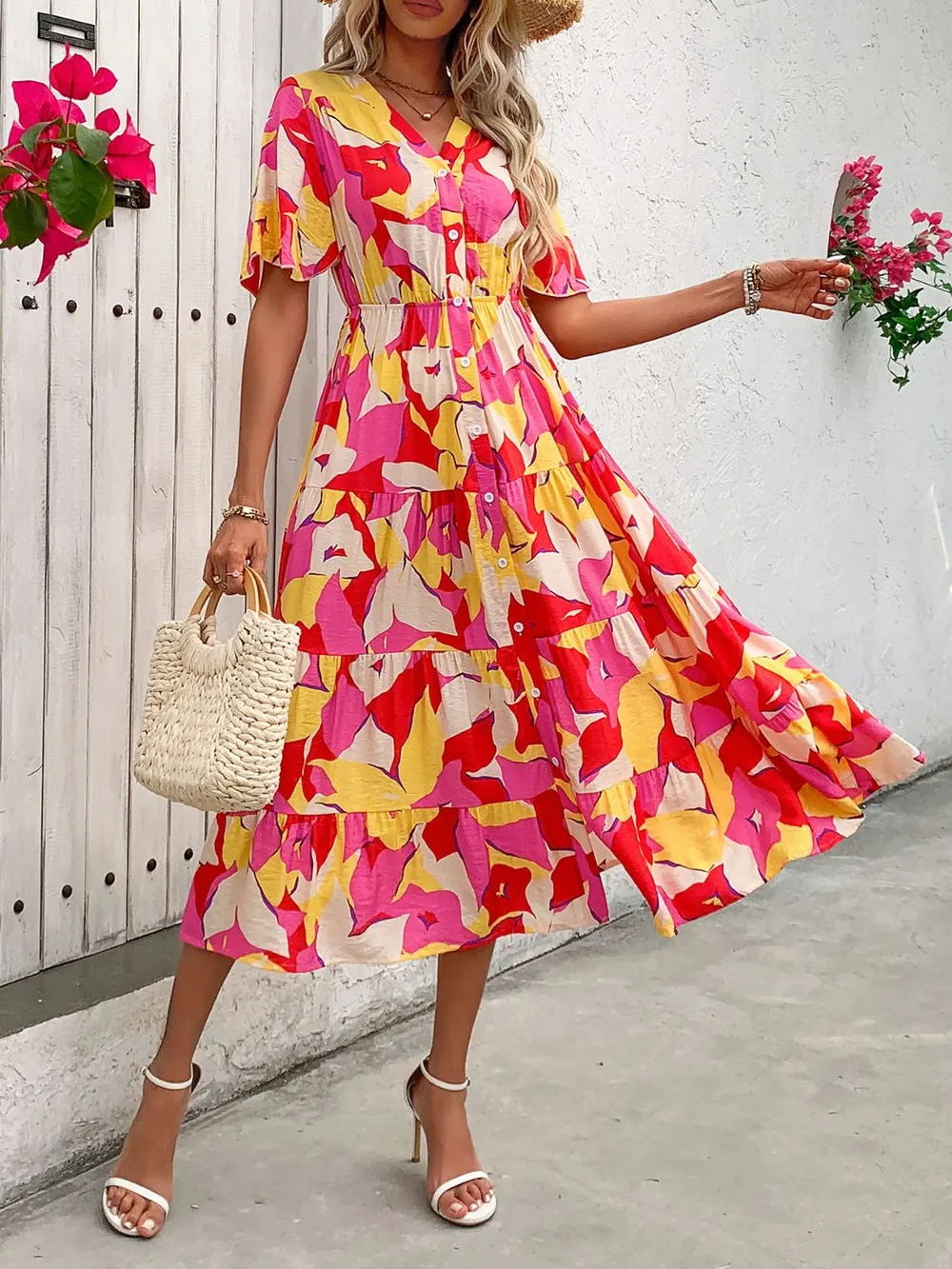 Printed V-Neck Flutter Sleeve Midi Dress, image 5