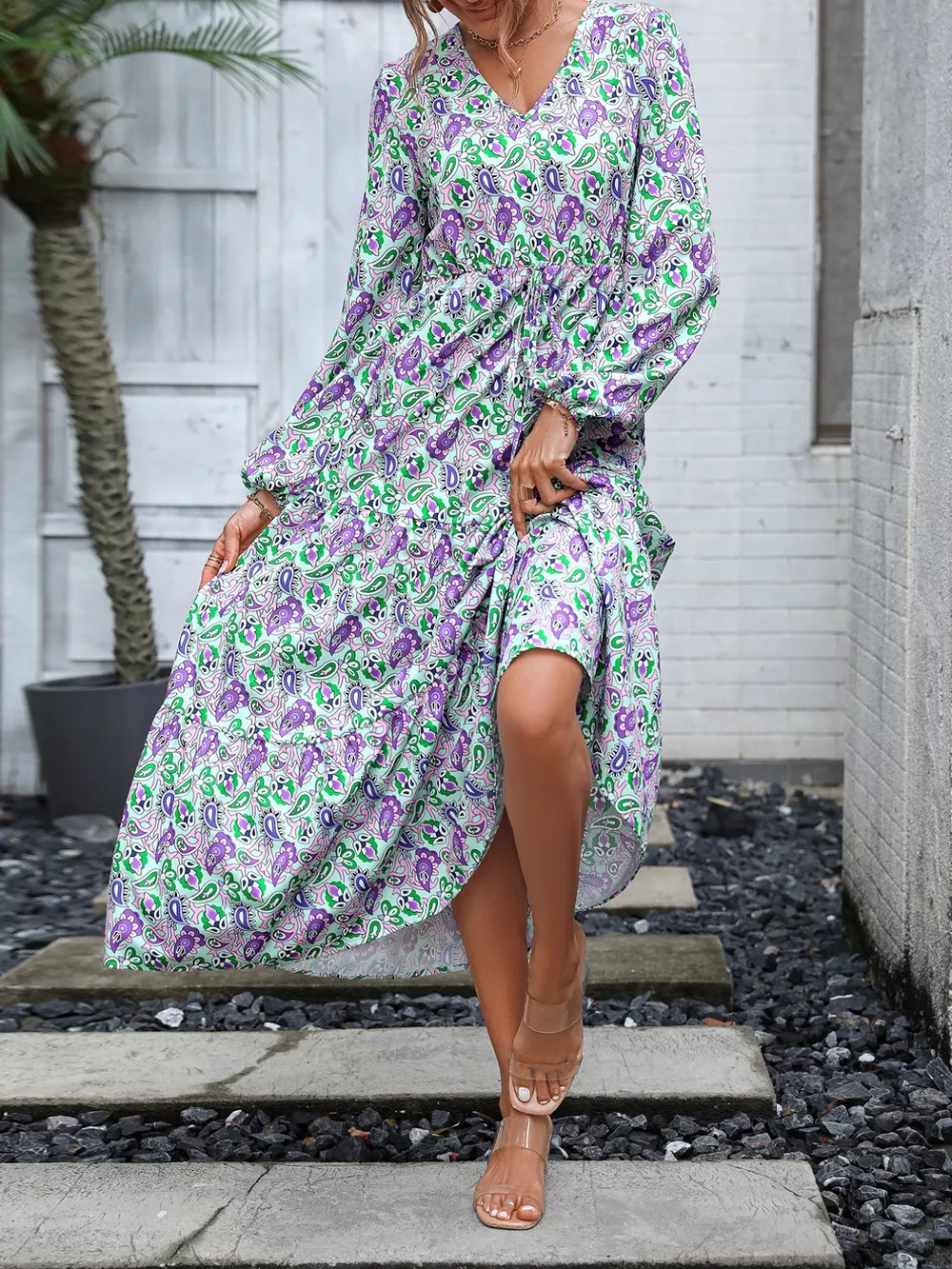 Printed V-Neck Long Sleeve Dress, image 6