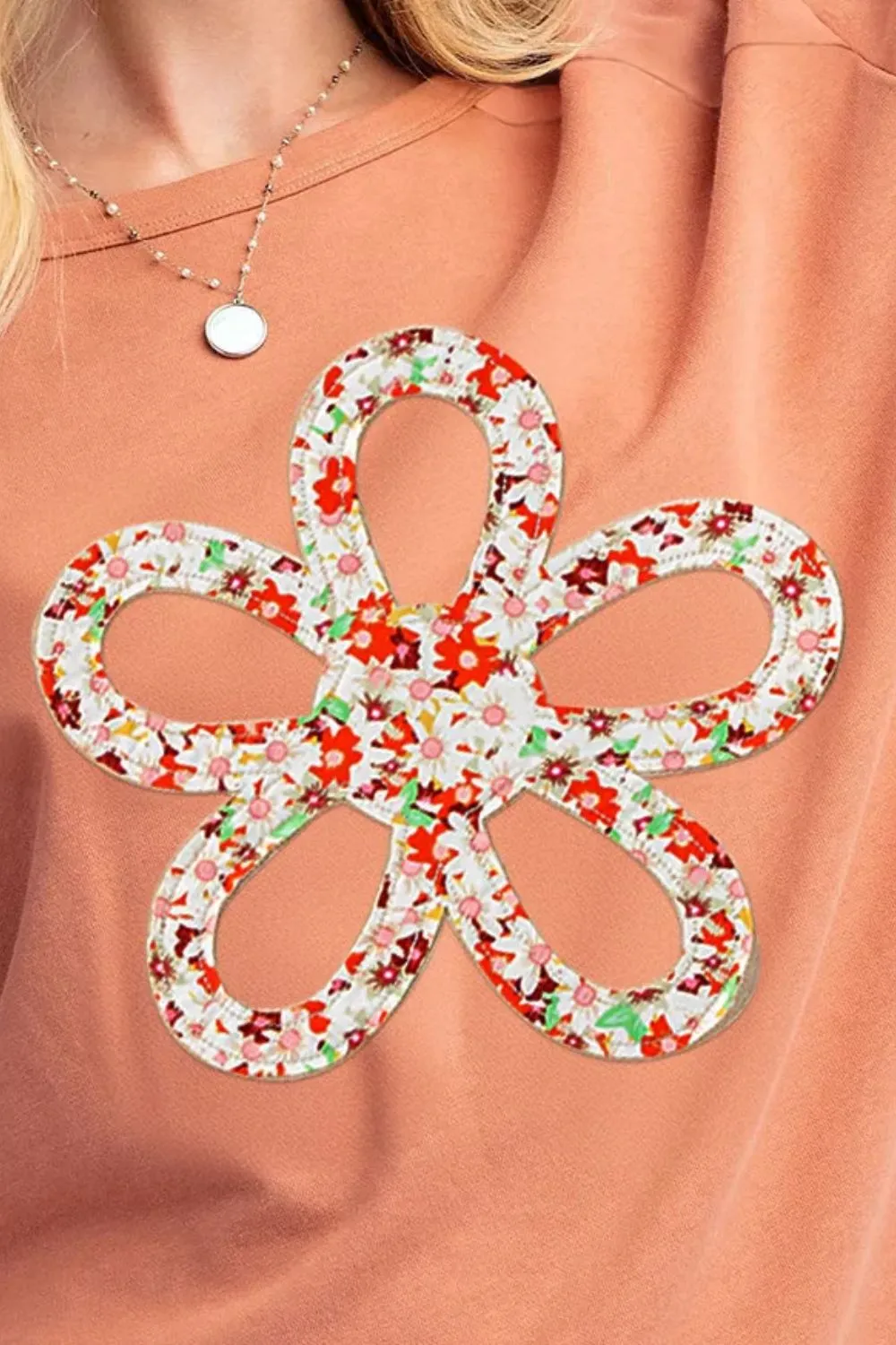 Exposed Seam Slit Floral Round Neck Blouse, image 9