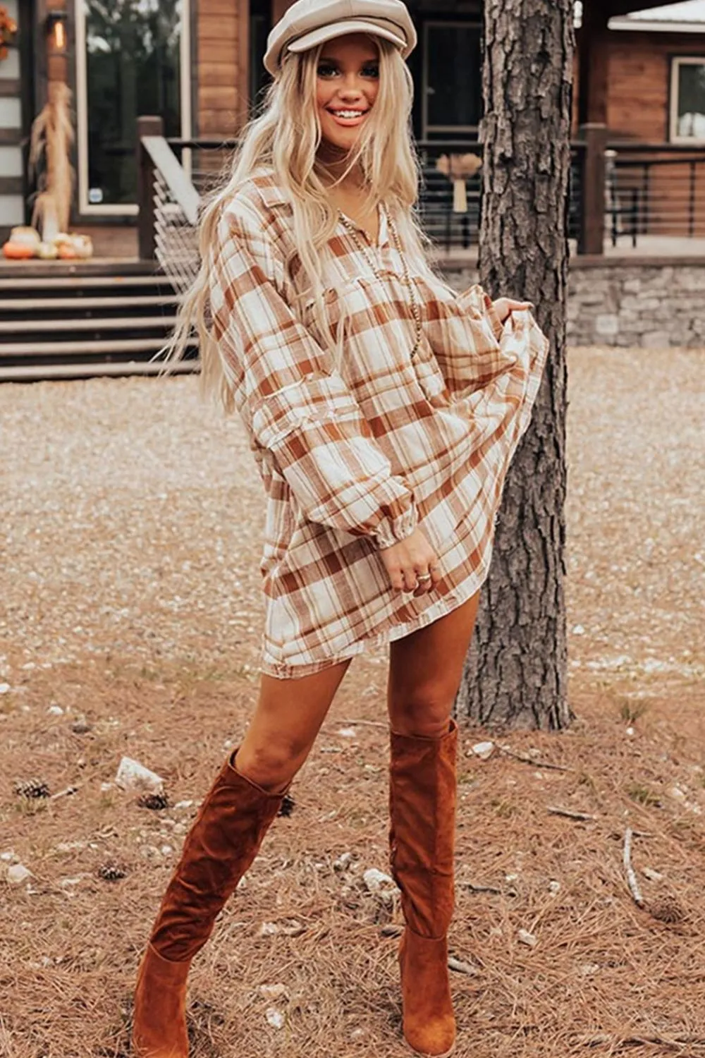 Plaid Collared Neck Long Sleeve Mini Shirt Dress, image 6