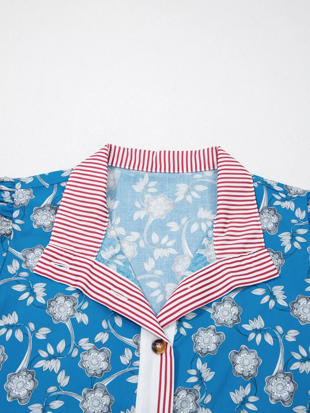 Floral Print Striped Trim Button Neck Short Sleeve Blouse, image 8