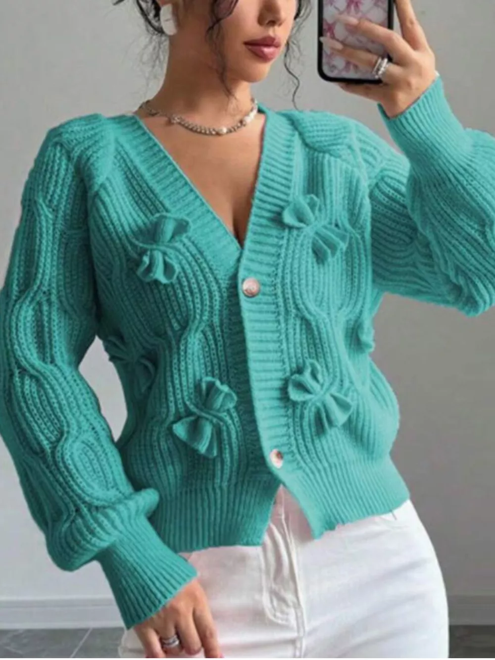 Bow Cable Knit V-Neck Cardigan, image 9