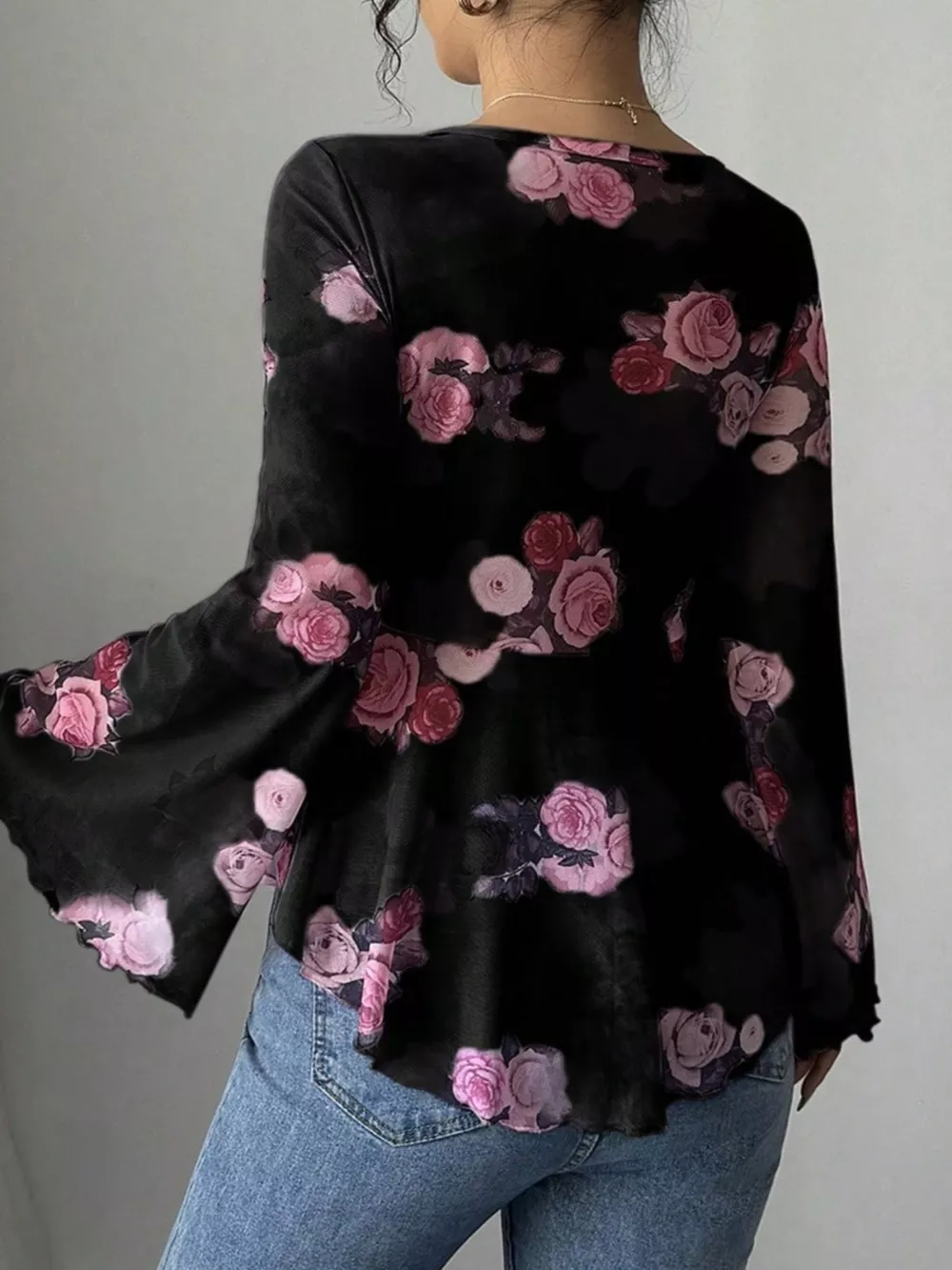 Floral Print Tie Front Flare Sleeve Blouse, image 7