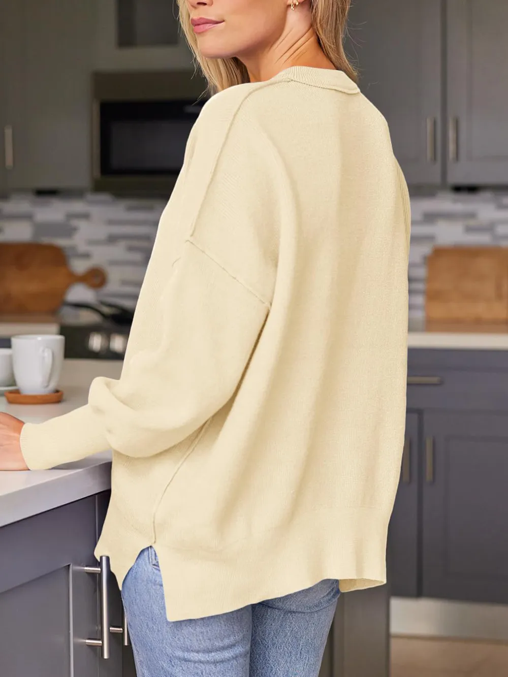 Slit Round Neck Dropped Shoulder Sweater, image 13