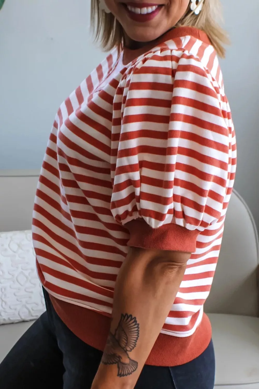 Striped Puff Sleeve Casual T-Shirt, image 6