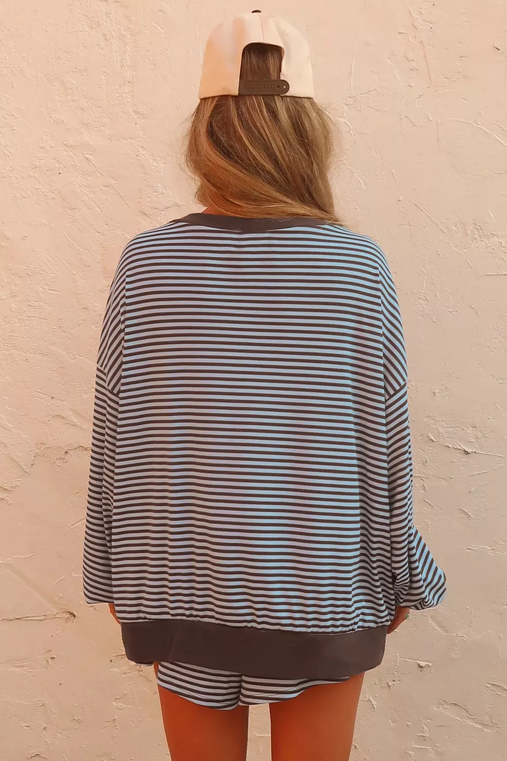 Stripe Oversized Long Sleeve Top Drawstring Loose Shorts 2pcs Set, image 5
