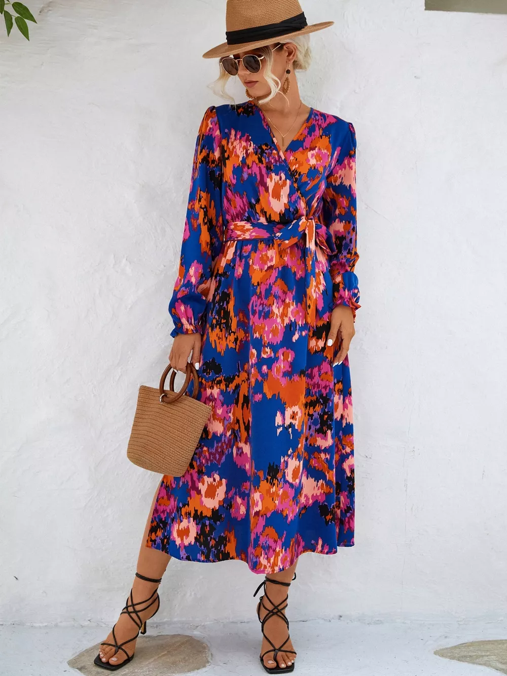 Printed Surplice Long Sleeve Midi Dress, image 12