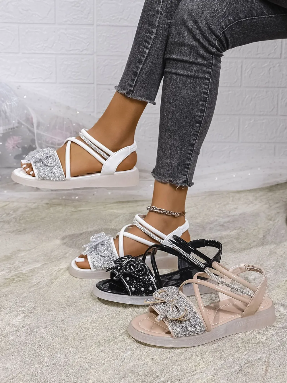 Bow Rhinestone Embellished Sandals, image 2