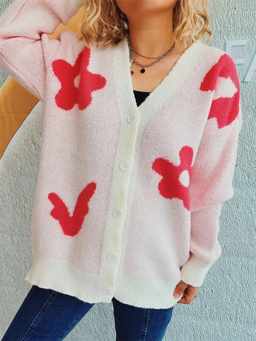 Flower Button Down V-Neck Long Sleeve Cardigan, image 2
