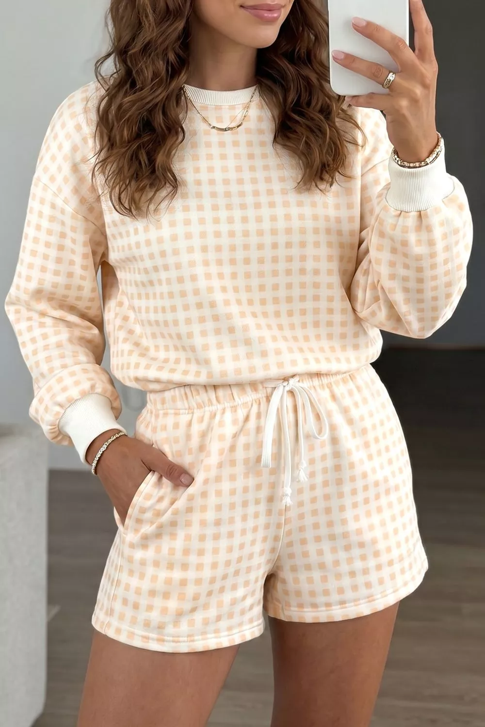 Gingham Long Sleeve Sweatshirt and Shorts Set, image 6