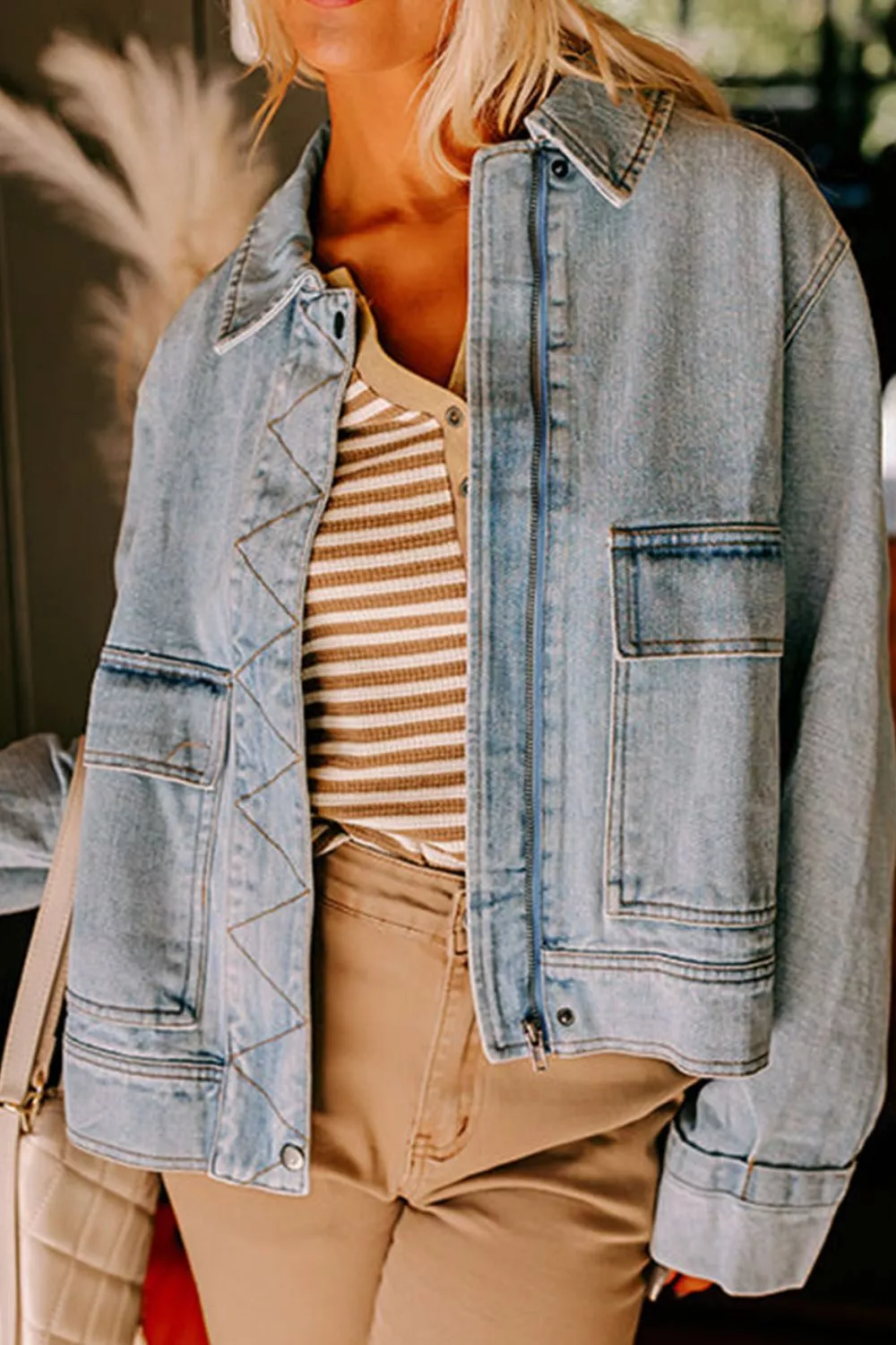 Zip Up Drop Shoulder Denim Jacket, image 3