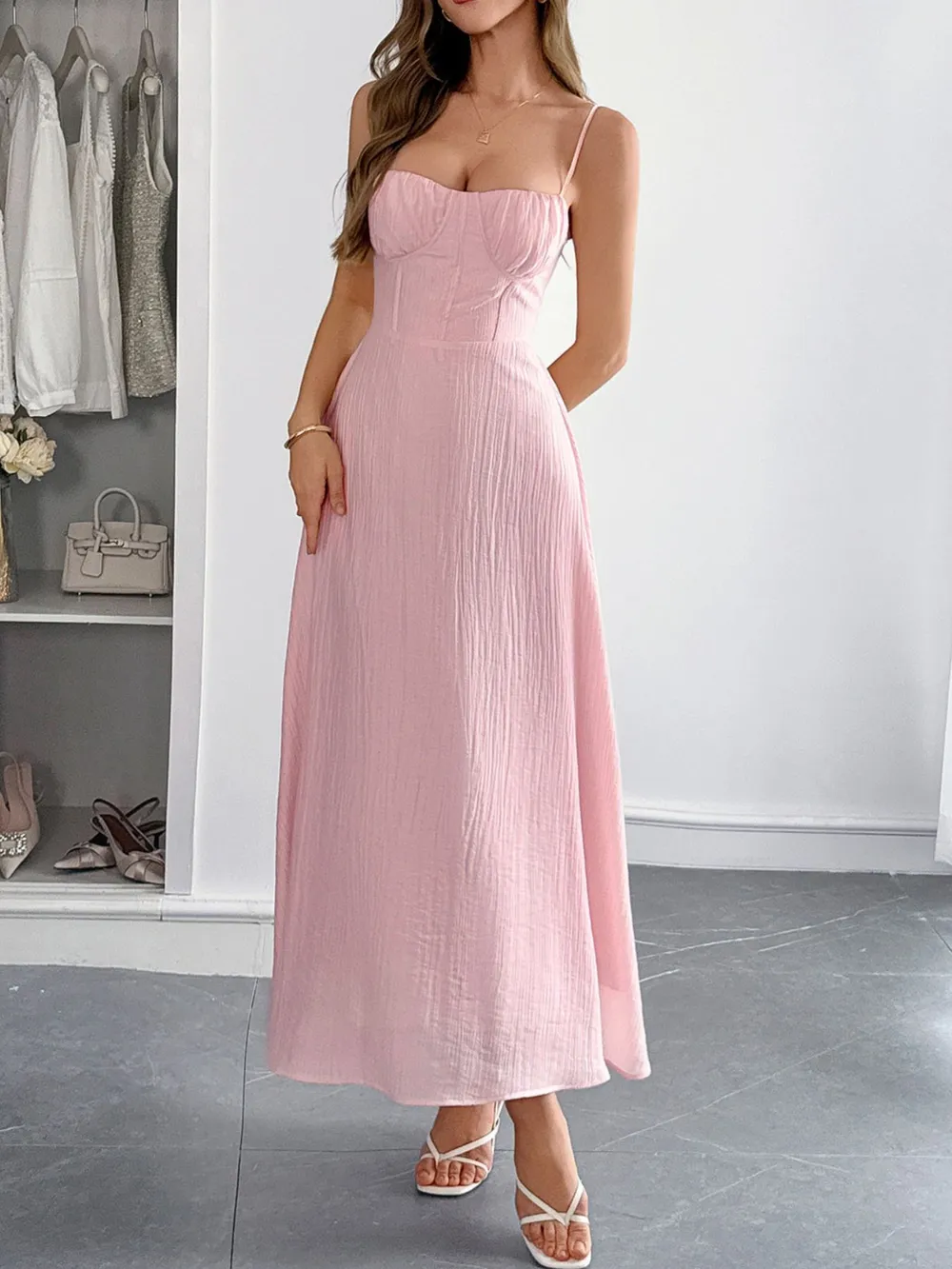Texture Sweetheart Neck Backless Cami Dress, image 9